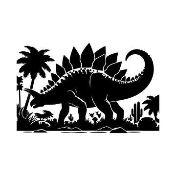 black stegosaurus silhouette in prehistoric setting clip art preview