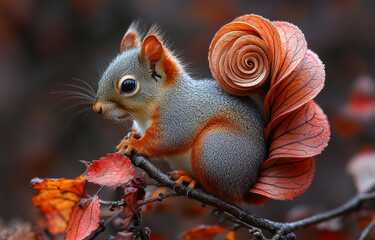 Fototapeta premium A squirrel with a spiral leaf on its tail. The leaf is orange and the squirrel is gray