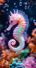 A colorful sea horse is swimming in a tank with a variety of colorful plants and rocks. The image has a vibrant and lively mood, with the bright colors of the sea horse