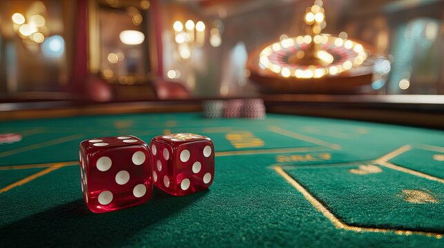 Pair of red dice lying on a green felt table with a blurred roulette wheel in the background