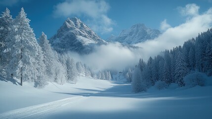 Snow-covered mountain valley with pine trees and a clear blue sky.