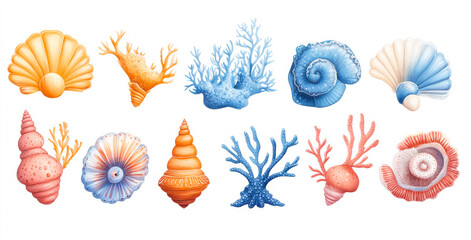 A set of 12 different colored shells and coral. The shells are of various sizes and colors, including pink, orange, and blue. The coral is also of different colors and shapes