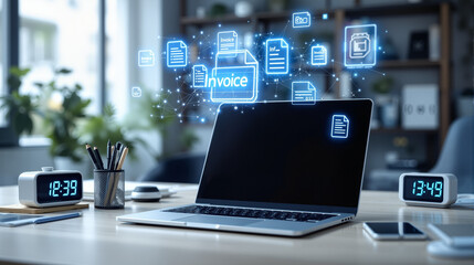 Futuristic Digital Workspace with Floating Glowing Invoice Icons on a Sleek Modern Office Desk