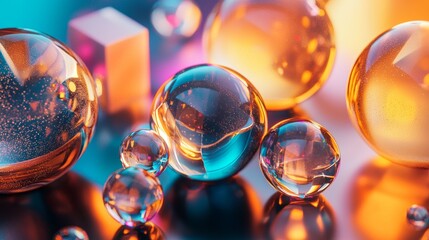 Abstract glowing glass spheres with vibrant reflections