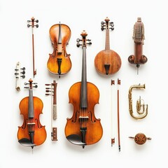 Fototapeta premium Stringed instruments, woodwind, and bows arranged neatly.