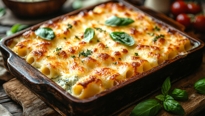 A large pan of pasta with cheese and basil on top. The dish looks delicious and inviting. The wooden table it is on adds a rustic touch to the scene