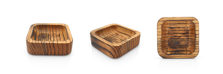 Different angles of empty craft wooden square bowls or souseboats. Isolated set on white background.