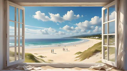 beach scene from window during the daytime with people enjoying views