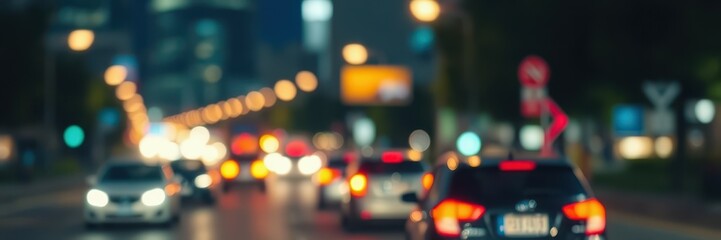 City streets illuminated by nighttime traffic with blurred vehicle lights and structures in the background