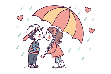 adorable kids kissing under umbrella with hearts vector illustration. eps 10