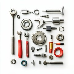 Assorted metal tools arranged neatly on white.