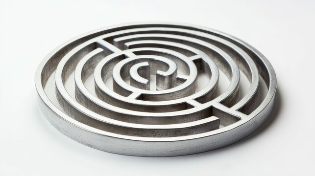 Circular metallic maze; concentric, intricate design.