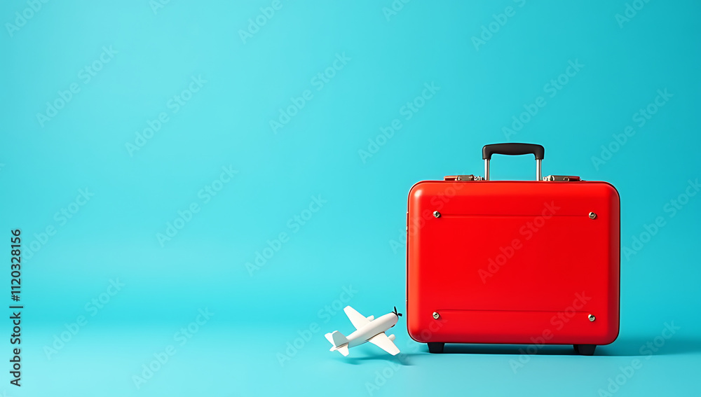 Poster a small red suitcase and tiny plane sit on a bright blue background surrounded by empty ad space wai