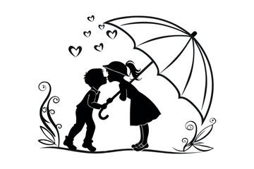 romantic silhouette of children sharing a kiss under an umbrella with hearts floating above. eps 10