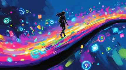 Empowering digital literacy and online safety for youth in a vibrant digital world creative illustration colorful environment