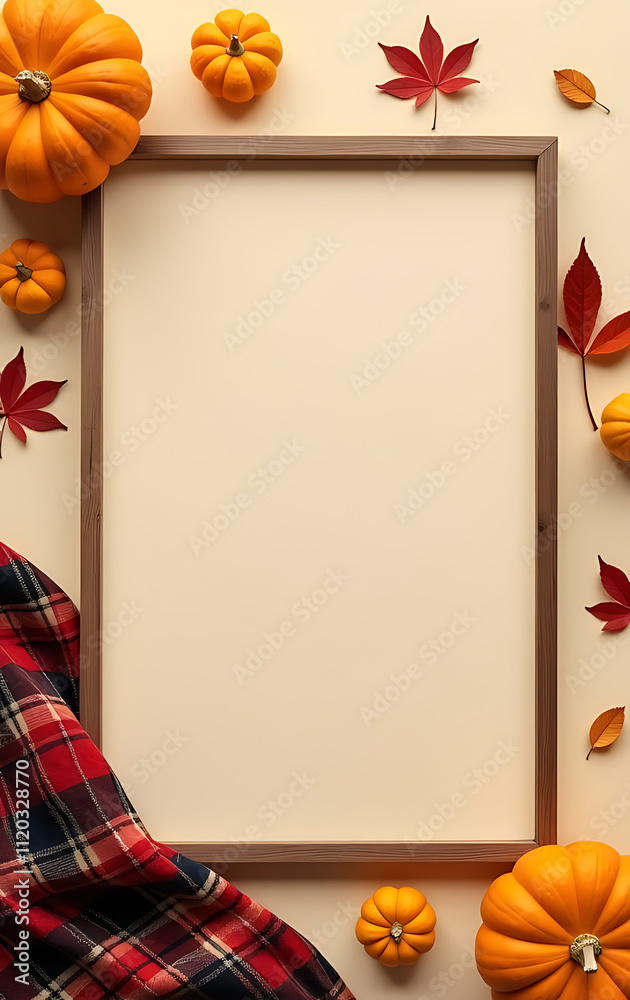 Poster a serene autumn setting features a top view of an empty photo frame amidst plaid, pumpkins, and natu