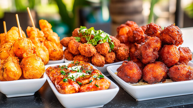 Variedad de aperitivos fritos servidos en platos peque&ntilde;os