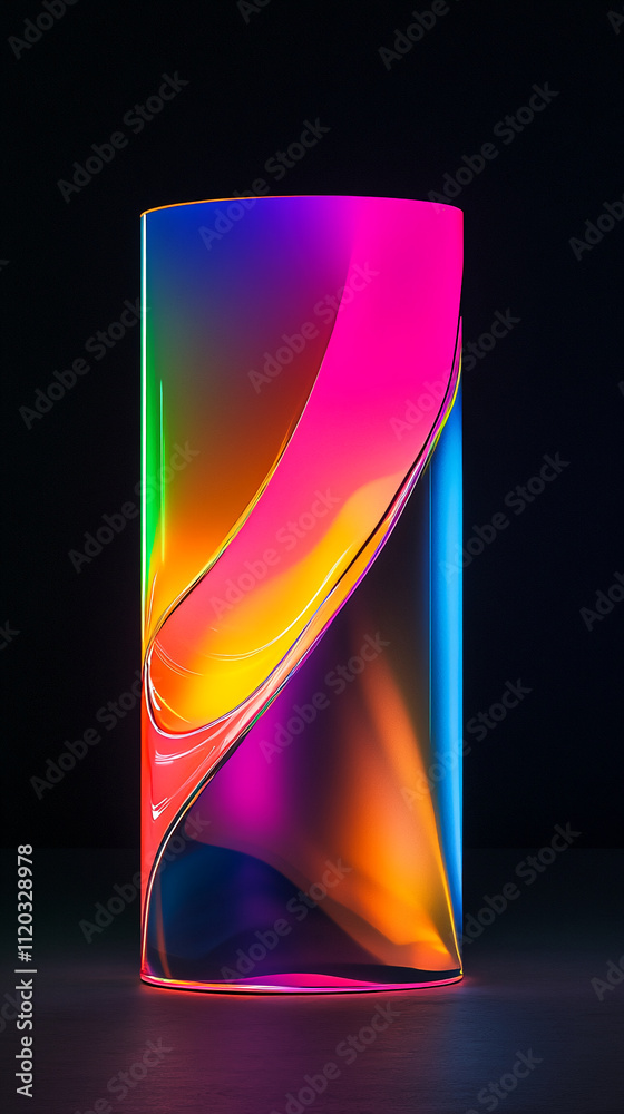 Poster colorful translucent sculpture displaying a vibrant interplay of light in a dark setting