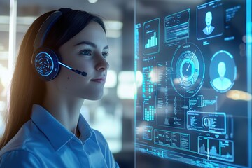 AI-Enhanced Call Center Agent with Emotion Analysis Dashboard in Modern Office Setting