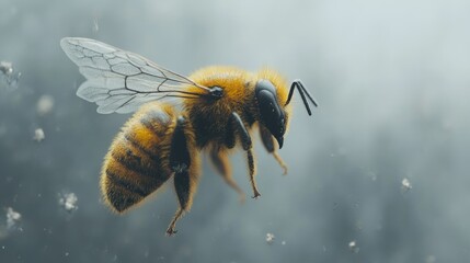 Close-up of a honeybee in flight, pollen visible.