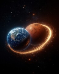 Naklejka premium Surreal alignment of earth and mars in cosmic dance space digital art celestial environment hypnotic viewpoint dynamic concept