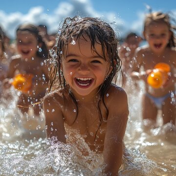 Ni&ntilde;os en fiesta del agua, jugando con pistolas, acu&aacute;ticas y riendo en verano, playa o piscina.