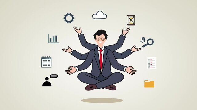 Male entrepreneur in a multitasking scenario. The businessman in a meditative yoga pose, symbolizing balance and focus. Surrounding By business icons. various business tasks.