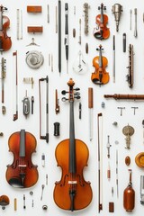 Naklejka premium String instruments, tools, and parts arranged symmetrically.