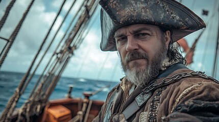 A man in a pirate costume is standing on a boat