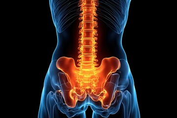 An anatomical illustration of the human spine and pelvis in vibrant colors.