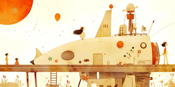 Whimsical space adventure with children and robots in a dreamy landscape