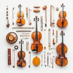 Fototapeta premium Orchestral string instruments, woodwinds, and bows arranged neatly.