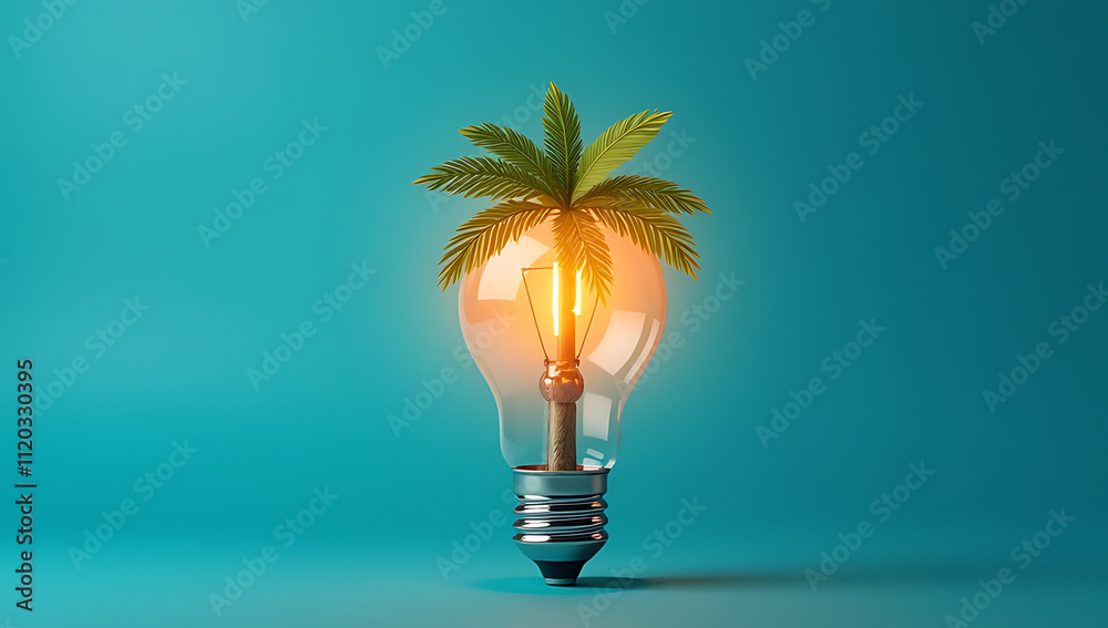 Poster a light bulb with a palm tree filament shines brightly on a blue background, representing creativity