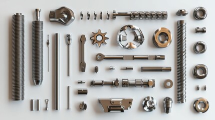 Metallic parts arranged neatly on a white background.