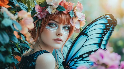 A woman with a butterfly wing on her head is surrounded by flowers