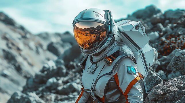 A woman in a space suit is standing on a rocky surface