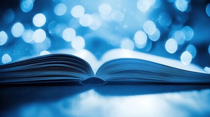 Enchanting open book cozy reading nook stock blue bokeh background close-up perspective imagination and knowledge