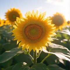 Obraz premium Vibrant sunflower field blooming under clear blue sky nature scenic landscape bright environment close-up view