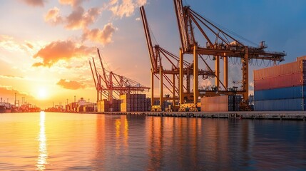Obraz premium Cargo loading operations at sunset port facilities industrial scene waterfront aerial view logistics management