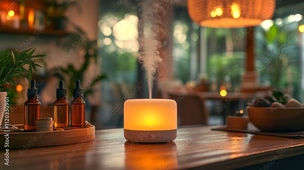 Aufkleber an essential oil diffuser releases fragrant mist in a cozy indoor environment filled with warm light