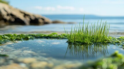 Serene coastal scene grass and seaweed in tide pool calm ocean nature tranquil environment close-up view