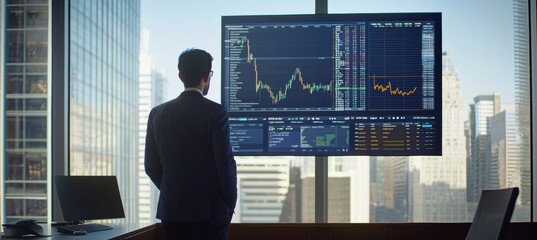 Financial Analyst Utilizing AI Data Visualization for Real-Time Stock Analysis in Modern Office