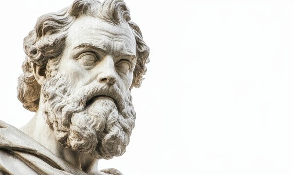 Stone bust, weathered, bearded man, classical style.