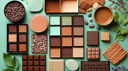 Fototapeta premium Delightful assortment of chocolates and sweets arranged on a colorful surface showcasing various textures and flavors. Mocha Mousse color trend 2025 year
