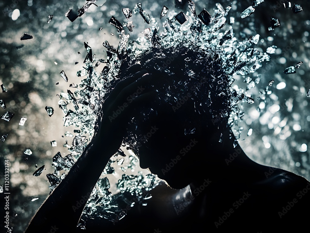 Poster Artistic Representation of a Silhouette with Water Splash and Shattered Glass, Capturing the Essence of Emotion and Movement in a Dynamic Scene