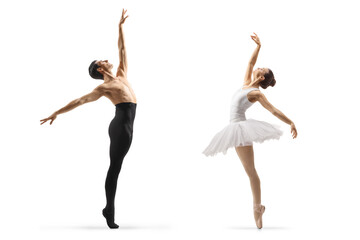 Male ballet dancer in black tights and female ballet dancer in white dress dancing