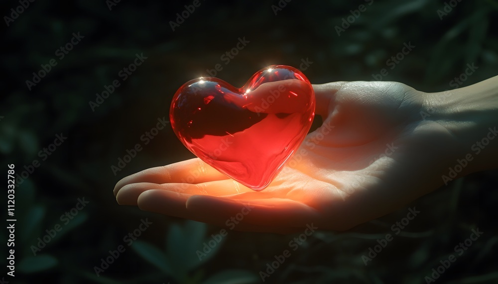 Poster glowing red heart shaped object held in hand against dark green natural background symbolizing love,