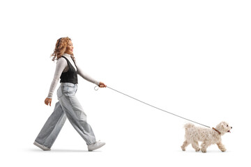 Asian woman walking a dog