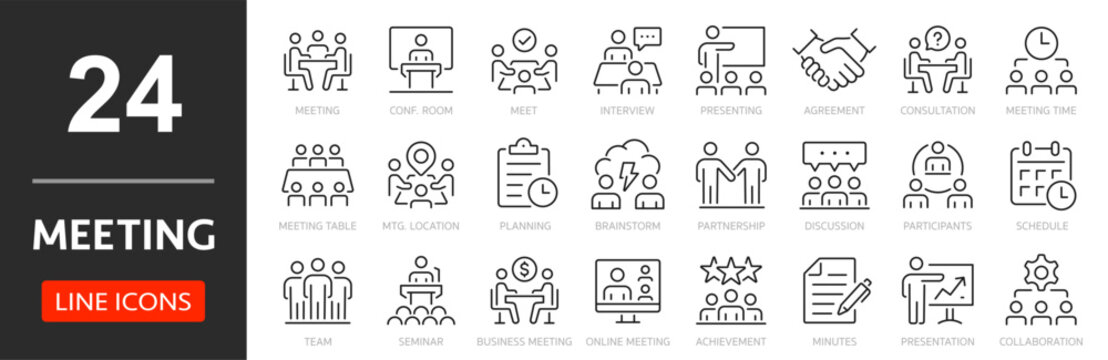 Meeting thin line icon set. Discussion, planning and decisions. Interview, seminar, meet, conference, consultation, presentation - stock vector.