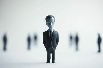 Obraz premium Small figurine, suit, stands out, blurred background, colleagues.